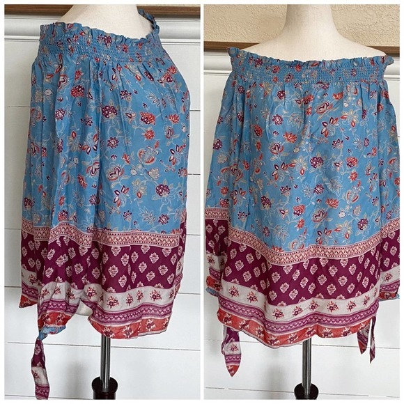 BEACHLUNCHLOUNGE Blue Floral Off Shoulder‎ Boho Peasant Top - S NWT - Picture 1 of 7